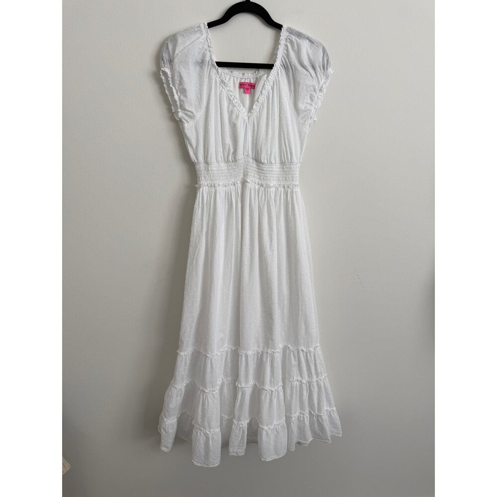 Betsey Johnson White Cotton Swiss Dot Midi Dress Smocked Waist Size L